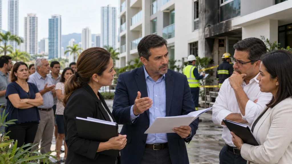 Reunión de inspección y coordinación ante emergencias en una propiedad horizontal